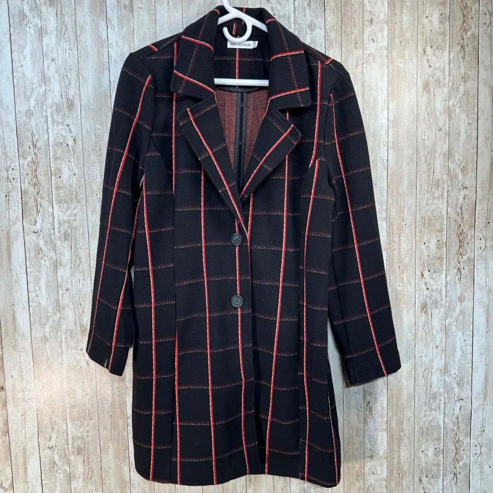 Avec Les Filles Singred‎ Plaid Blazer Black Red Tan Lightweight Knit Womens PM